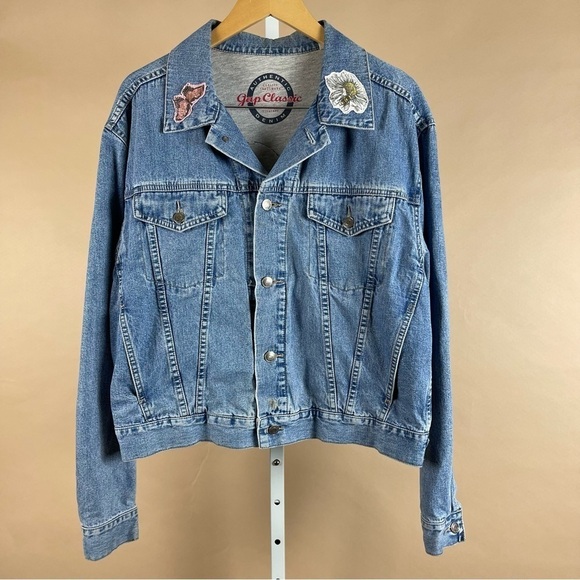Vintage Gap Tiger Patch Denim Jacket Size Large Butterfly Bee Flower Patch - Picture 2 of 10